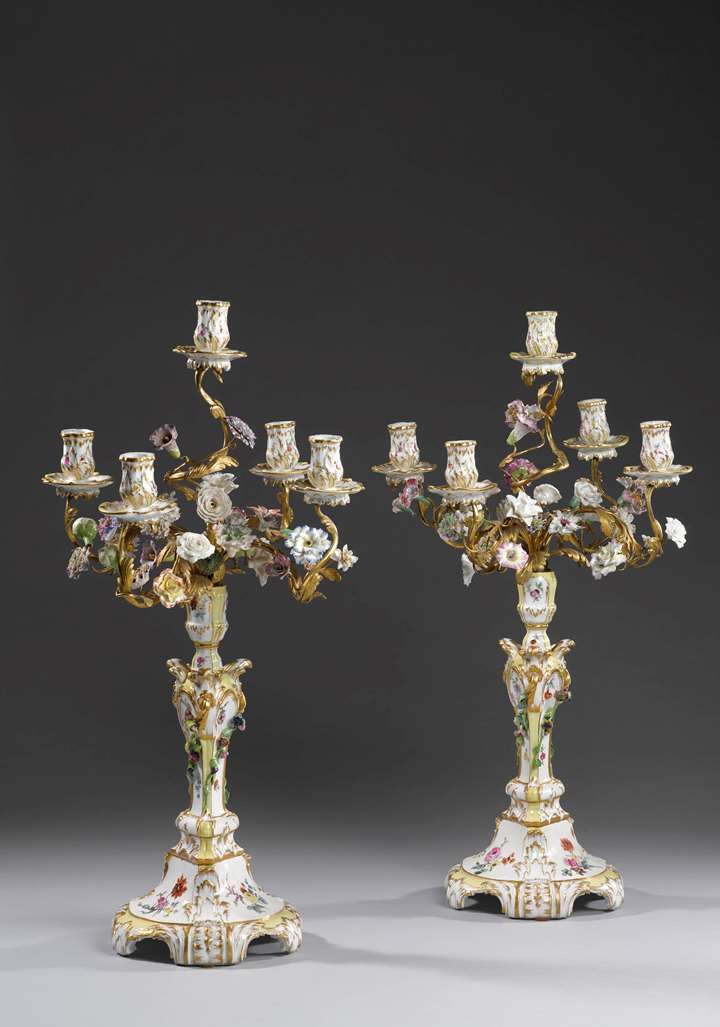 Very rare pair five-armed candelabra